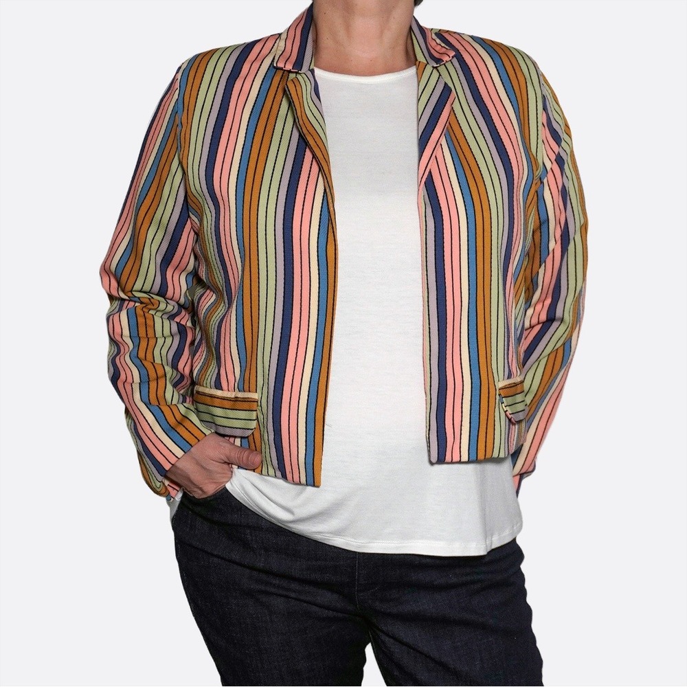 Colorful Retro Stripe Cropped Blazer Artsy Mod Statement Jacket Plus Size 1X XL